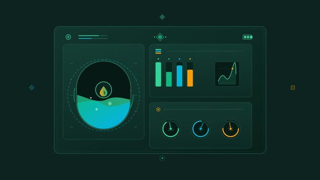 Futuristic digital dashboard interface with animated tactical HUD gauges and charts displaying environmental data telemetry