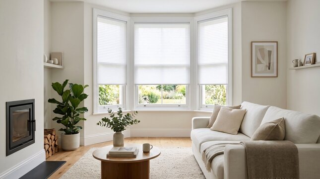 Bright living space with large bay windows, crisp white pleated cellular blinds, soft daylight and a cozy white sofa, in fine detail.
