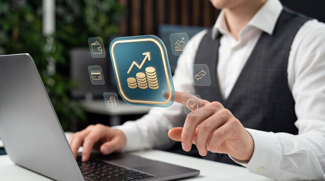Investment growth and rising profit shown as coin stacks and an upward arrow, with savings building wealth through compound interest and the gradual accumulation of capital