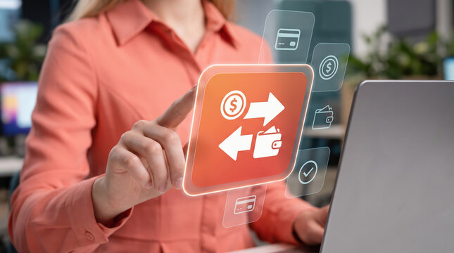 Money transfer with a wallet and dollar symbol shows funds moving in both directions, linking bank transfer and online banking to sending or receiving a payment