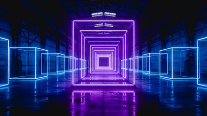 Obraz premium A futuristic industrial interior with nested purple neon cube tunnels flanked by blue neon cubes on a reflective dark floor.