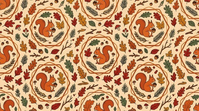 Autumn Squirrel Seamless Pattern with Hand-Drawn Forest Elements, Oak Leaves, and Acorns