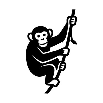 Black and white vector illustration of a chimpanzee climbing a vine
