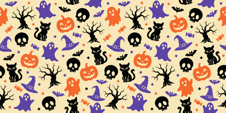 Seamless Halloween pattern with spooky ghosts, pumpkins, black cats, skulls, bats, witch hats, bare trees, candies and stars on a cream background for fabric, wrapping paper and seasonal designs