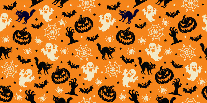 Seamless Halloween pattern with cute spooky icons including pumpkins, ghosts, bats, black cats, witches, spiders and cobwebs on an orange background for fabric, wrapping paper and seasonal designs