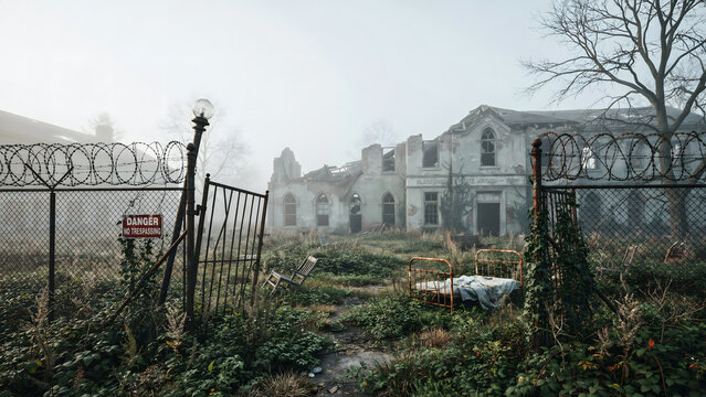 An abandoned building behind a chain link fence with barbed wire and a danger sign in a foggy field with an old bed frame in the grass