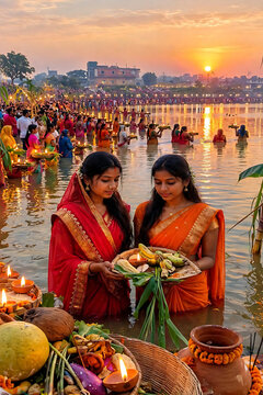 Indian women in traditional sarees offering Arghya with bamboo soop during Chhath Puja festival at riverbank
