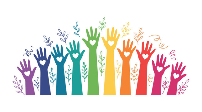 Colorful raised hands with heart shapes on a white background representing unity diversity and community support