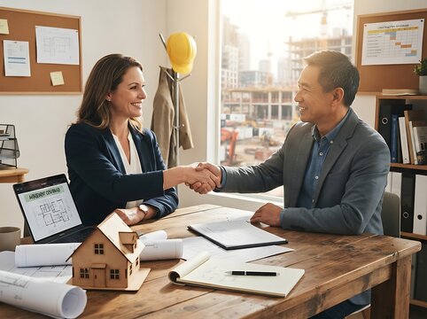 Architects shaking hands over desk with small house model and building plans in office business meeting planning