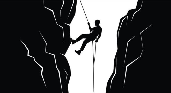 A rock climber rappels down a cliff face in a stark black silhouette