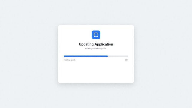 Modern software application update screen with progress bar, installation status, completion message, and clean professional user interface animation.