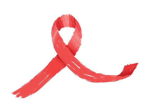 A painted red ribbon symbolizes awareness of stroke, blood cancer, AIDS, and HIV. Illustration symbol vector design. May 28, October 29, December 1. Isolated on a white background.