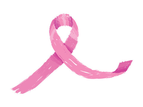 A painted pink ribbon symbolizes breast cancer awareness, featuring textured brush strokes isolated in a clean white background.