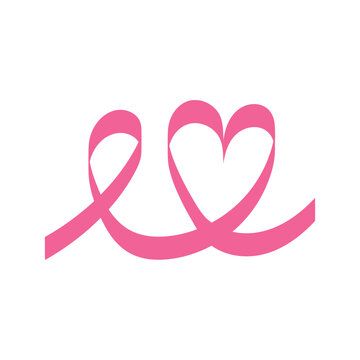 A continuous pink ribbon swirls to form an awareness loop and a heart shape isolated on a white background.