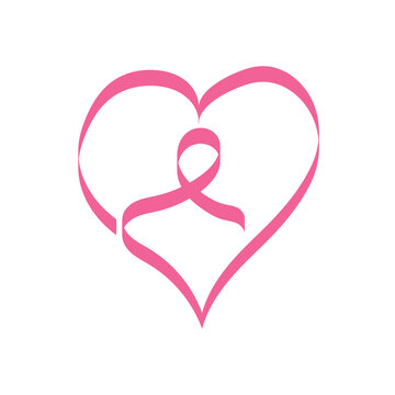 A pink cancer awareness ribbon is centered inside a large pink heart outline isolated on a white background. Breast cancer awareness in October.