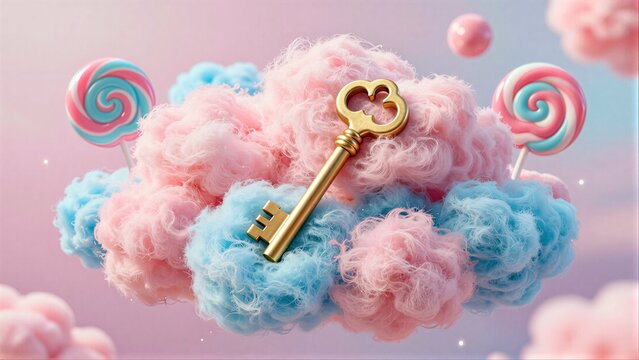 Golden key rests on fluffy cotton candy clouds with colorful lollipops floating nearby.