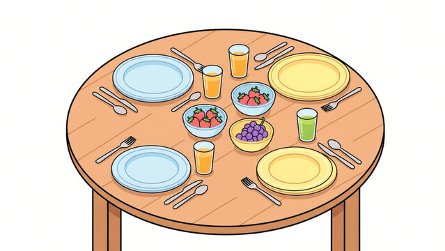 Flat Vector Top Down View of Round Wooden Dining Table Set with Fruit Bowls and Juice