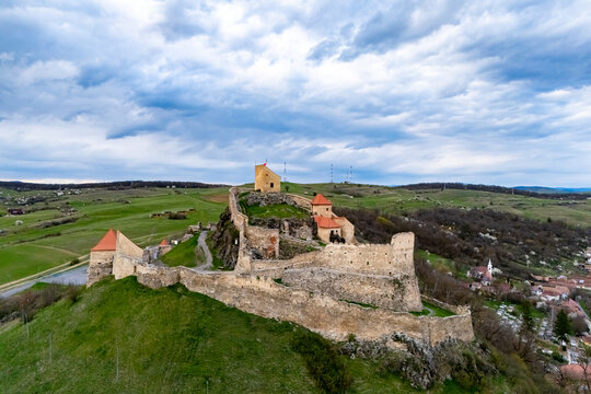 Historic Rupea Citadel, a medieval fortification perched on a basalt hill in Transylvania, Romania