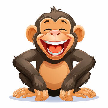 Cheerful cartoon chimpanzee laughing out loud vector illustration isolated on white background
