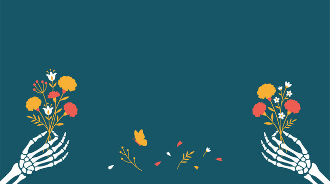 A festive dia de muertos background vector featuring skeleton hands holding colorful marigold flower bouquets on a dark teal blue backdrop