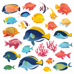 Fototapeta premium Flat design vector illustration of colorful tropical reef fish and sea coral elements
