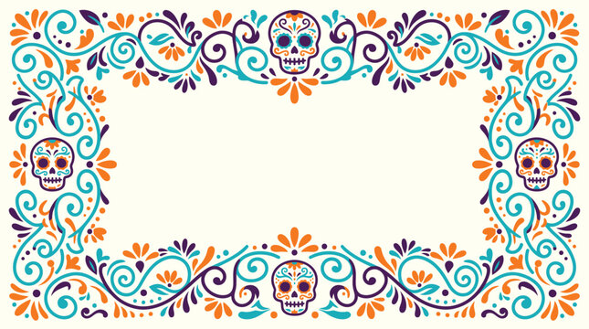 A festive dia de muertos background vector featuring colorful sugar skulls and intricate floral patterns for mexican holiday celebration design projects