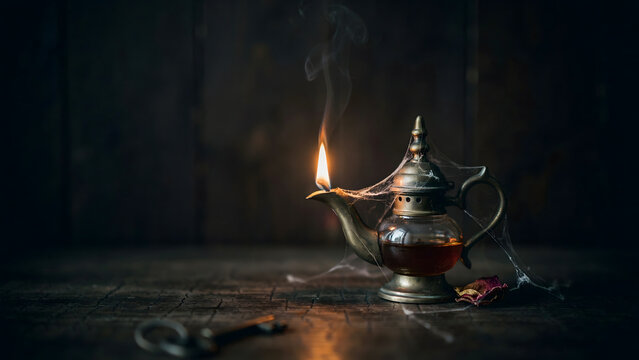 Antique brass oil lamp with a burning flame and spider webs on a dark wooden surface with a metal key and a dried red rose petal nearby