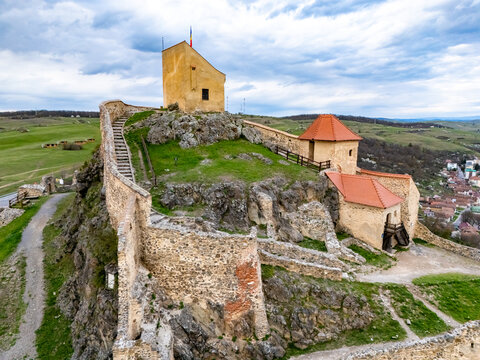 Historic Rupea Citadel, a medieval fortification perched on a basalt hill in Transylvania, Romania