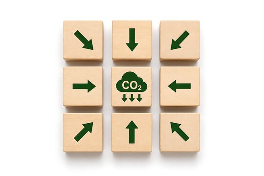 Wooden blocks arranged in grid pattern with green arrows pointing toward central co2 icon