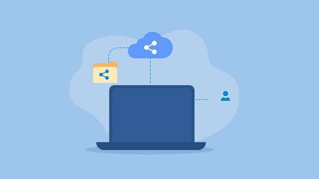Flat vector animation showing cloud file sharing with a laptop, shared folder, connected users, and cloud network elements in a clean digital technology concept.