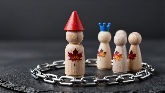 Wooden figures with maple leaves, one crowned, encircled by a chain.