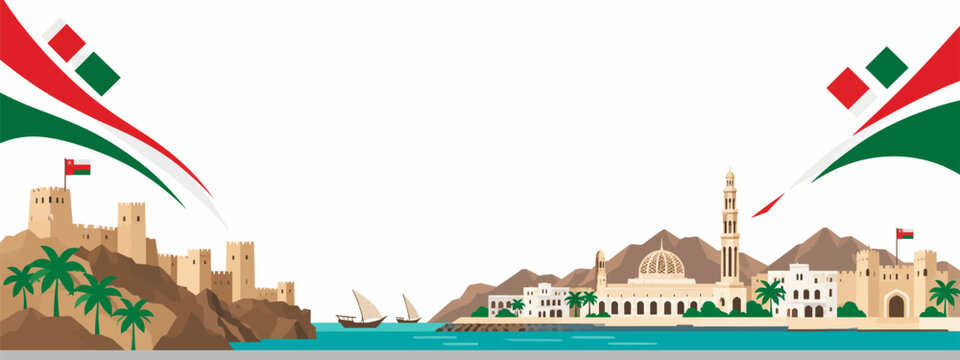 Oman national day banner vector, Muscat skyline with mosque and fort, Omani flag colors and landmark illustration