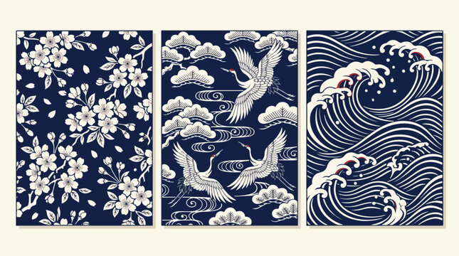 Japanese vector art collection featuring traditional crane birds cherry blossoms and ocean wave graphic patterns