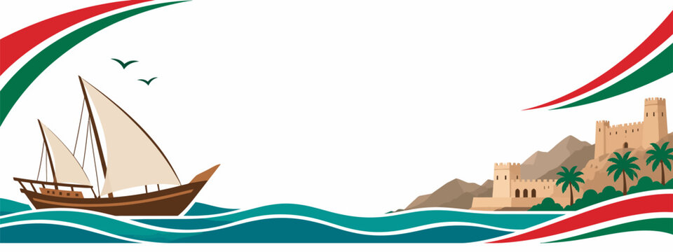 Arabic heritage banner with dhow boat and desert fort, UAE national day background, Middle East culture vector art