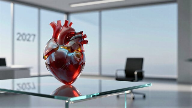 Glass heart on table in modern office, year 2027 displayed prominently.