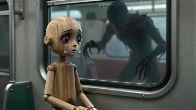Wooden doll cries on train, shadowy figure lurks outside window.