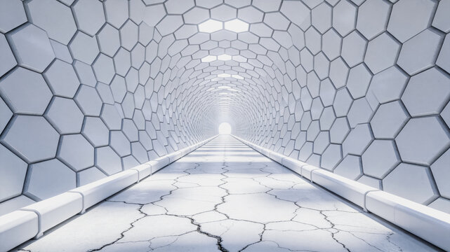 A futuristic tunnel with hexagonal panels, a cracked white path, and bright light at its far end, creating a sense of forward movement.