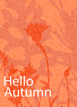 Autumn greeting card, vertical flyer, poster, template with layered floral silhouettes and text Hello Autumn. 