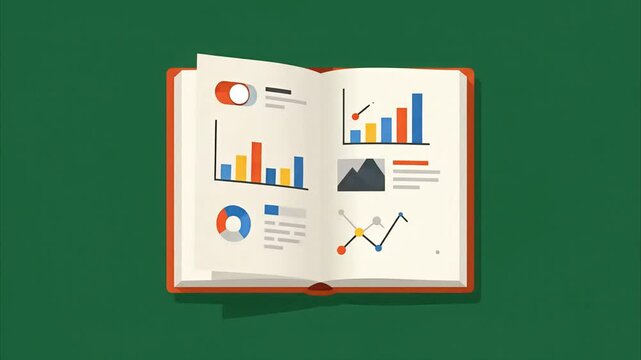 Open book displaying business charts graph analysis financial report data presentation vector illustration on green background