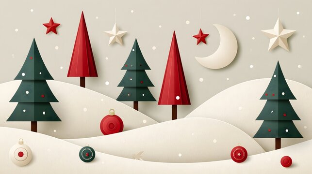 layered paper cut Christmas background featuring evergreen trees, snow covered hills, stars, crescent moon, decorative ornaments and falling snow, dimensional handmade paper craft style, elegant red