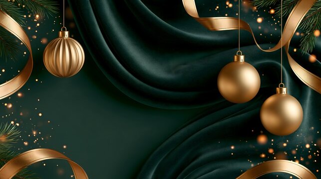 luxurious Christmas greeting background with deep emerald velvet texture, golden ornaments, elegant ribbons, glowing particles and subtle pine branches, sophisticated premium holiday design, dramatic
