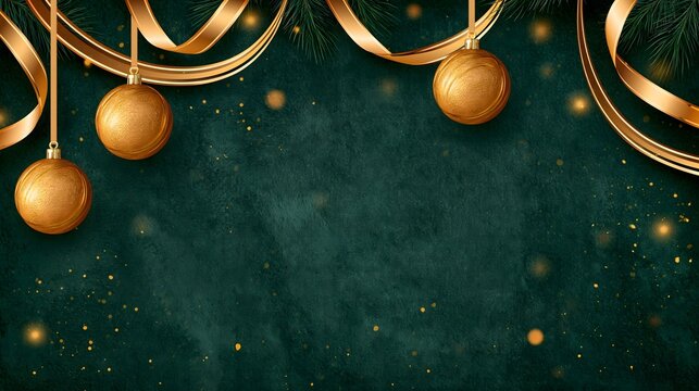 luxurious Christmas greeting background with deep emerald velvet texture, golden ornaments, elegant ribbons, glowing particles and subtle pine branches, sophisticated premium holiday design, dramatic
