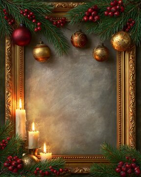 vintage Christmas greeting card background with ornate golden frame, traditional evergreen branches, red berries, antique ornaments and warm glowing candles, nostalgic Victorian oil painting