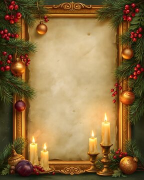 vintage Christmas greeting card background with ornate golden frame, traditional evergreen branches, red berries, antique ornaments and warm glowing candles, nostalgic Victorian oil painting
