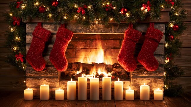 traditional Christmas fireplace background with decorated evergreen garland, glowing candles, red stockings, warm wooden textures and soft golden lights, realistic interior photography, cozy holiday