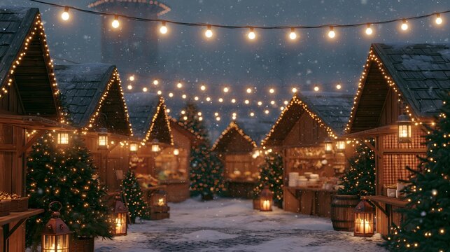 traditional European Christmas market background with wooden stalls, decorated evergreen trees, glowing lanterns, gentle snowfall and warm festive lights, cinematic realistic illustration, inviting