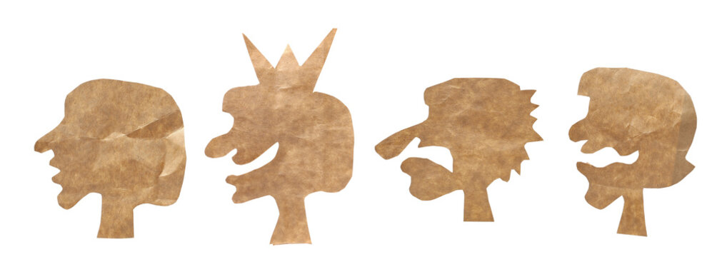 Cutout brown cardboard human creature silhouettes with funny expressions isolated on white background
