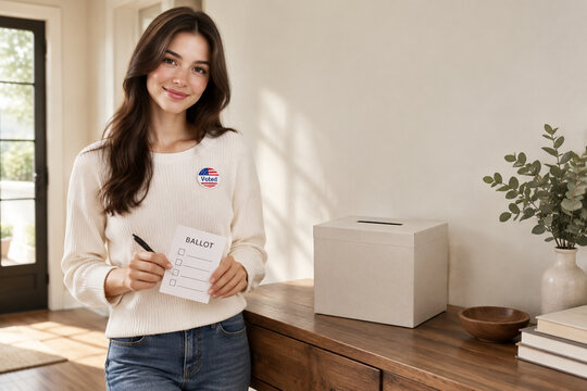 Ballot box and paper ballot on entryway console, home voting and civic duty concept