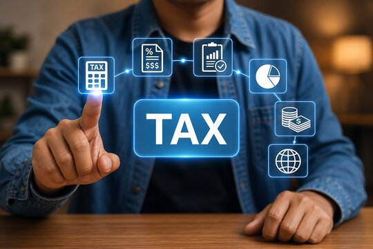 Man in denim shirt touching a glowing digital tax menu button with floating finance icons