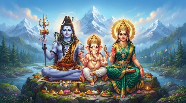 Lord Shiva, Parvati, and Ganesha on Mount Kailash &ndash; Divine Family Portrait | Ganesh Wallpaper HD, Mobile Background, Spiritual Art